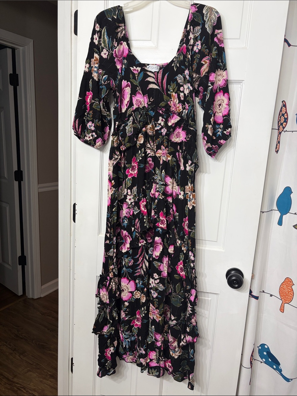 Jessica Simpson Black Floral Maxi Dress with ruffled tiers